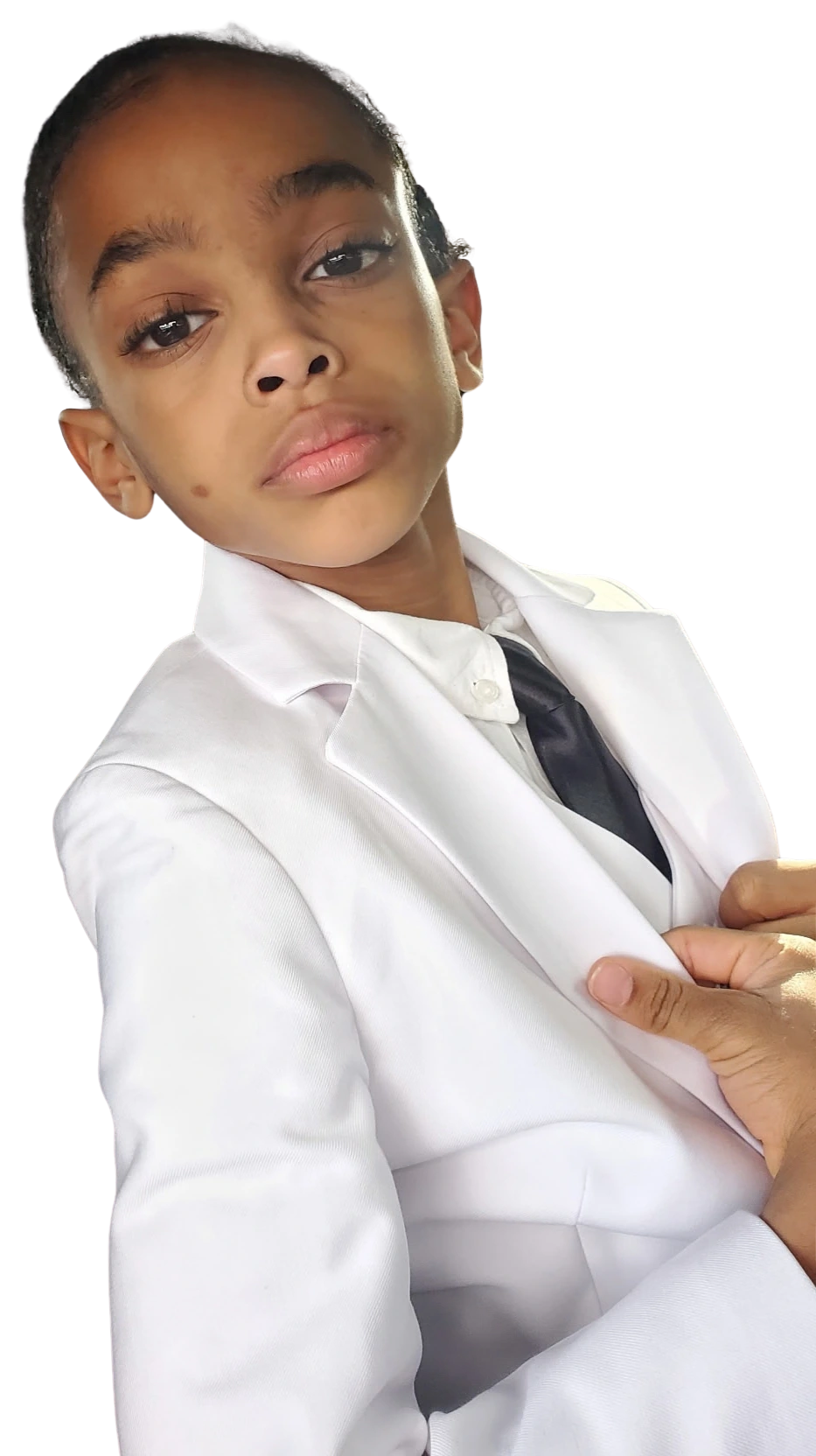 Portrait of Dominic Cooley in a white suit